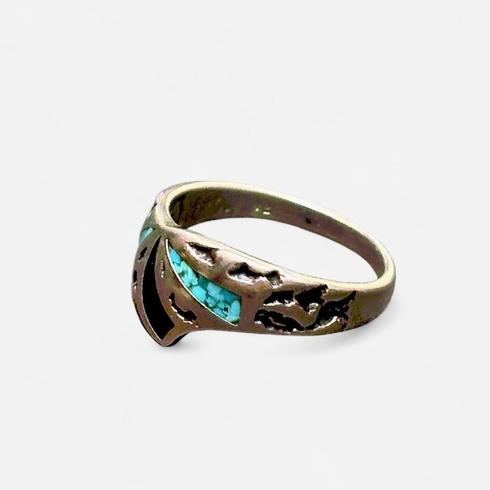 90s Vtg Curtailed Sterling+ Turq&Onyx Chip Ring